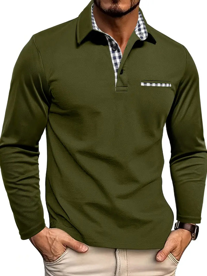 Close-up of men's long sleeve polo shirt showcasing the stylish check collar and comfortable fabric.
