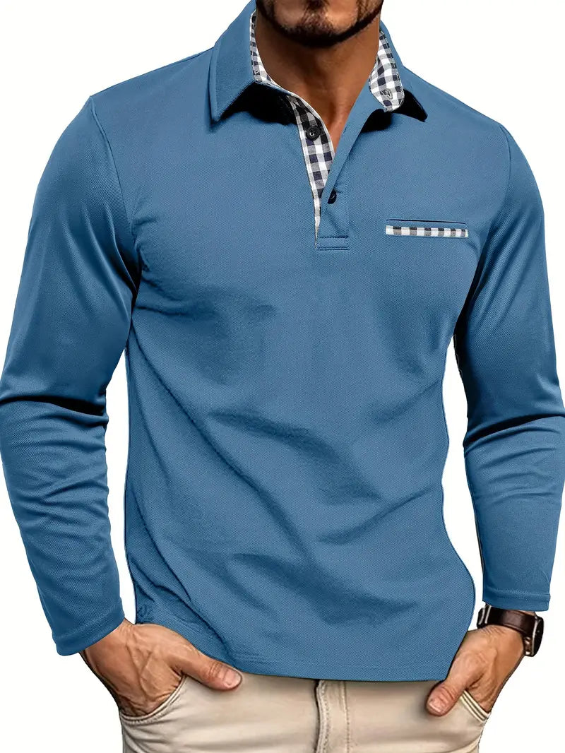 Man modeling a sophisticated long sleeve polo shirt with check collar, ideal for a refined casual look.