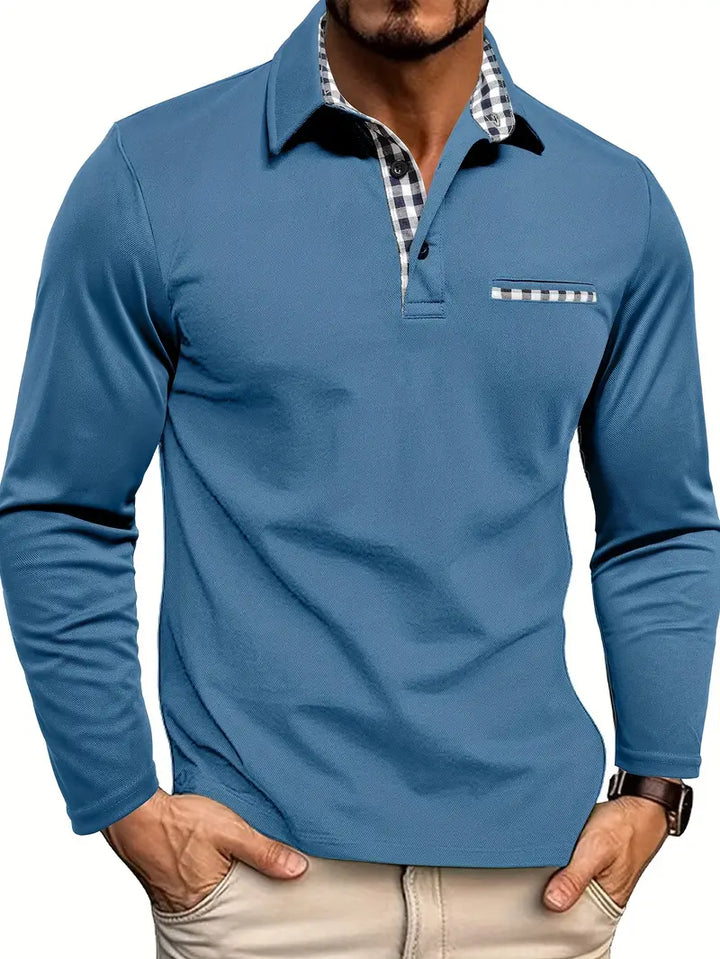 Man modeling a sophisticated long sleeve polo shirt with check collar, ideal for a refined casual look.