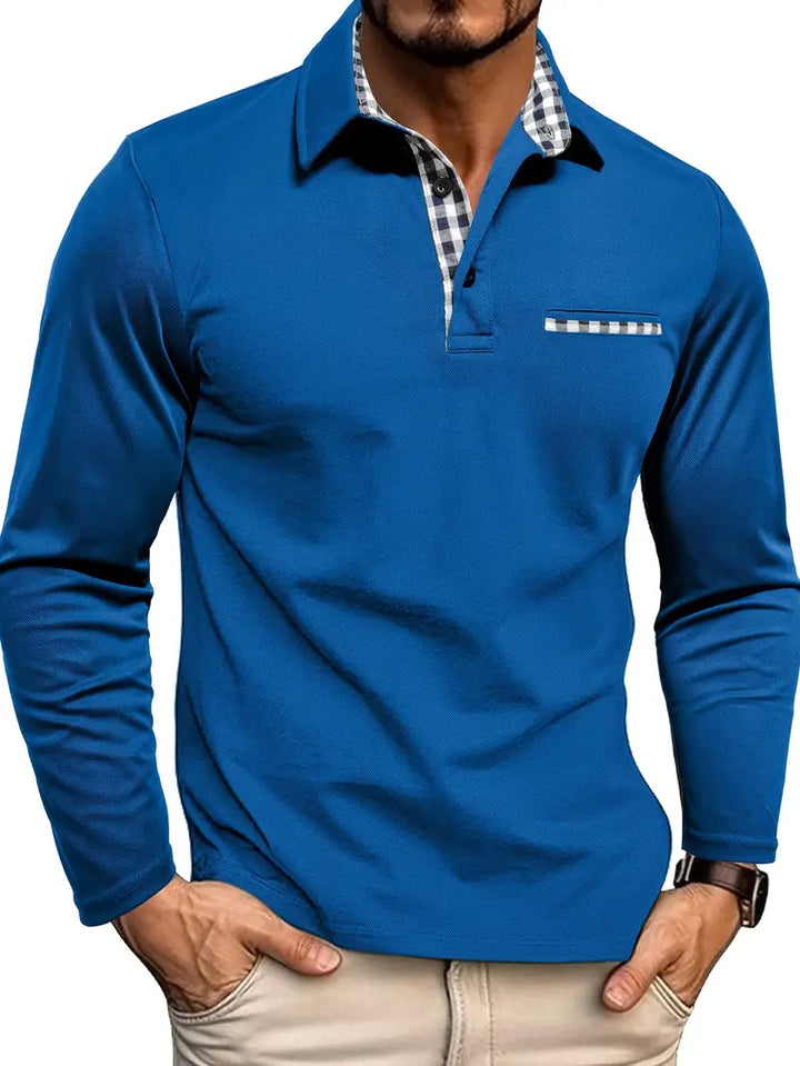 Effortless men's long sleeve polo shirt, a smart casual staple with a distinctive check pattern on the collar.