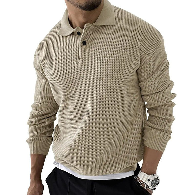 Comfortable men's knit polo sweater with long sleeves, ideal for versatile everyday fashion.
