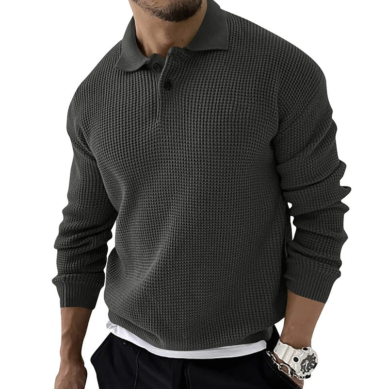 Dark blue men's long sleeve polo sweater, a soft and breathable pullover for modern casual style.