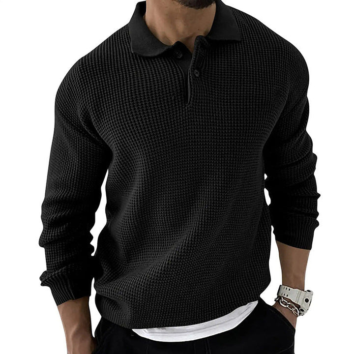 Men's classic polo neck sweater in a fine knit, offering both comfort and a sophisticated look.