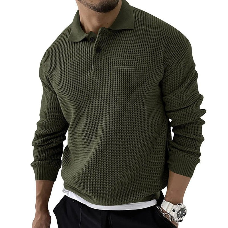 Versatile men's long sleeve knit polo, great for layering or standalone wear in smart casual outfits.