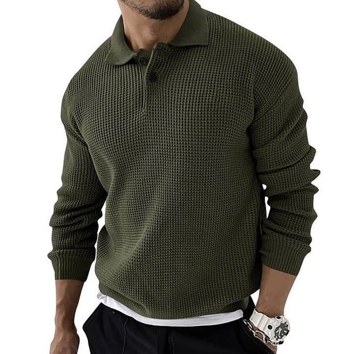 Versatile men's long sleeve knit polo, great for layering or standalone wear in smart casual outfits.