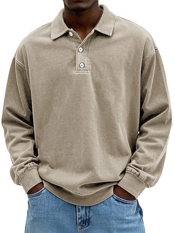 Model wearing a men's modern style polo shirt, showcasing its comfortable fit.