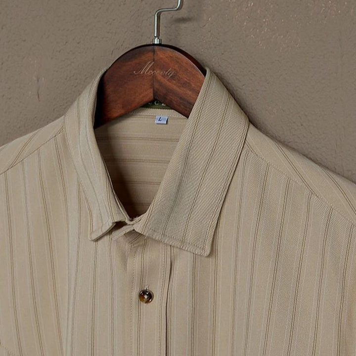 Versatile men's striped dress shirt, long-sleeve, suitable for both business and smart casual events.