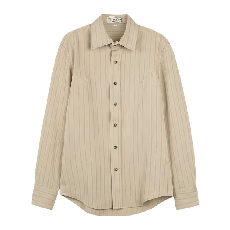 Stylish men's striped button-up dress shirt, a timeless piece for modern men's fashion and office wear.