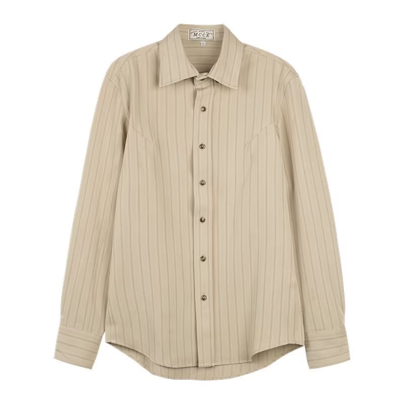 Elegant men's striped long-sleeve button-up dress shirt, enhancing any formal or casual outfit.