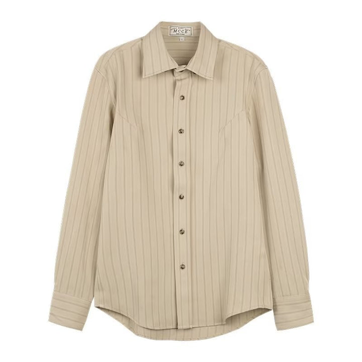 Elegant men's striped long-sleeve button-up dress shirt, enhancing any formal or casual outfit.