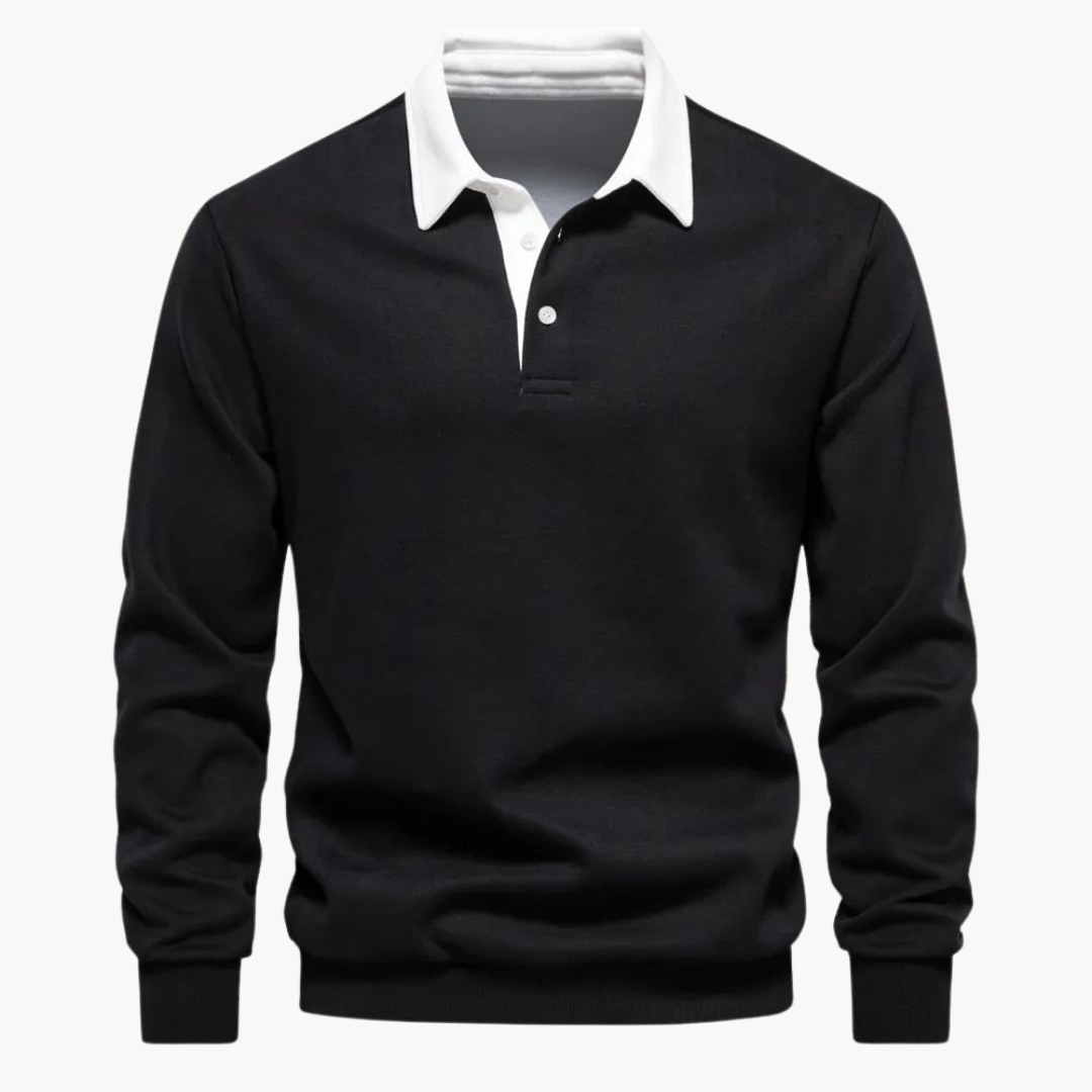 Stylish men's sweatshirt featuring a distinct contrast collar, a versatile top for smart casual outfits.