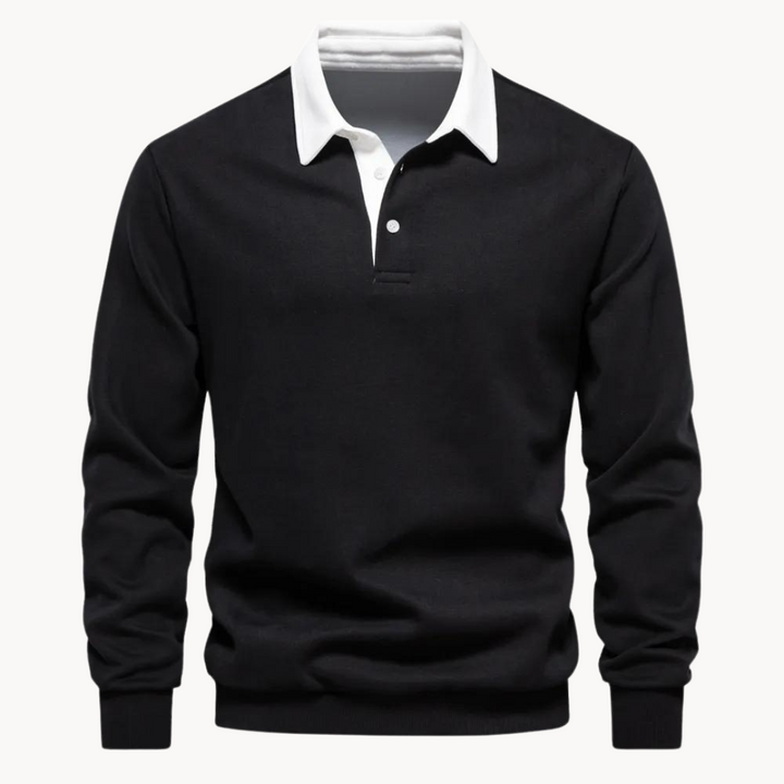 Stylish men's sweatshirt featuring a distinct contrast collar, a versatile top for smart casual outfits.
