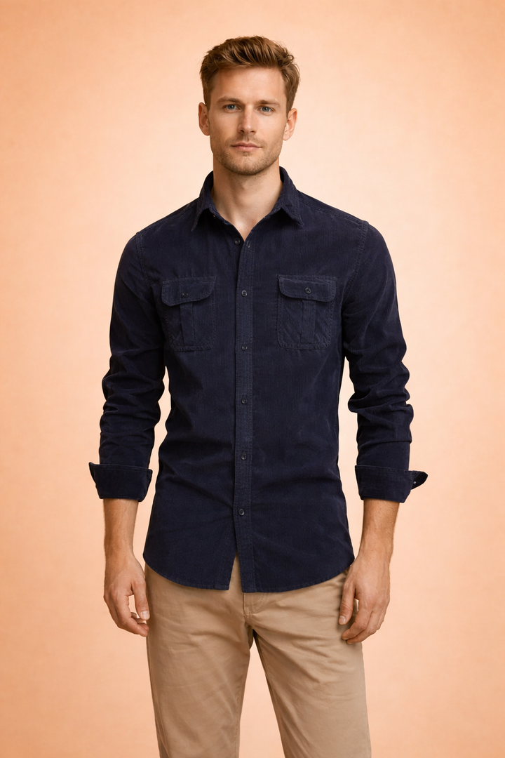 Stylish men's regular fit long sleeve textured button-front shirt with practical chest pockets, versatile for layering.