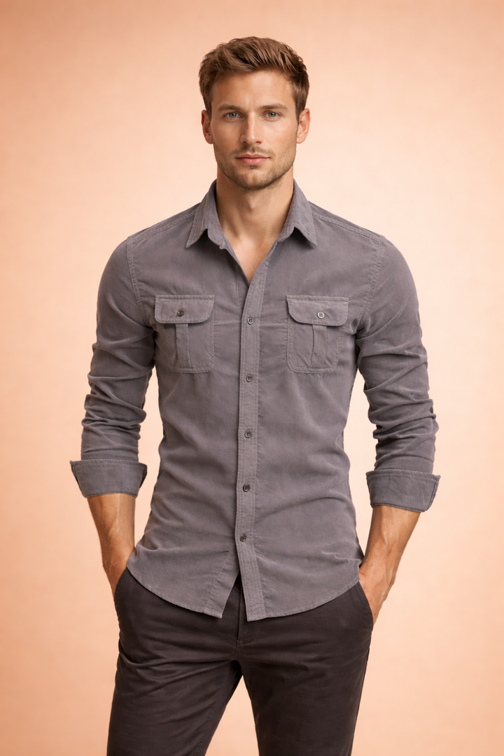 Man modeling a casual men's long sleeve textured button shirt, ideal for everyday wear and versatile men's fashion.