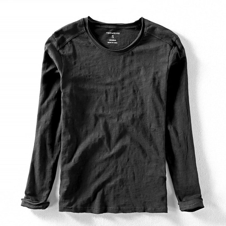 Detail of a men's long sleeve textured crew neck shirt, highlighting the cuff and casual everyday fashion appeal.