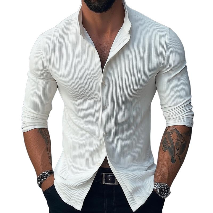 Men's long sleeve textured shirt with a stylish stand collar for a modern casual look.