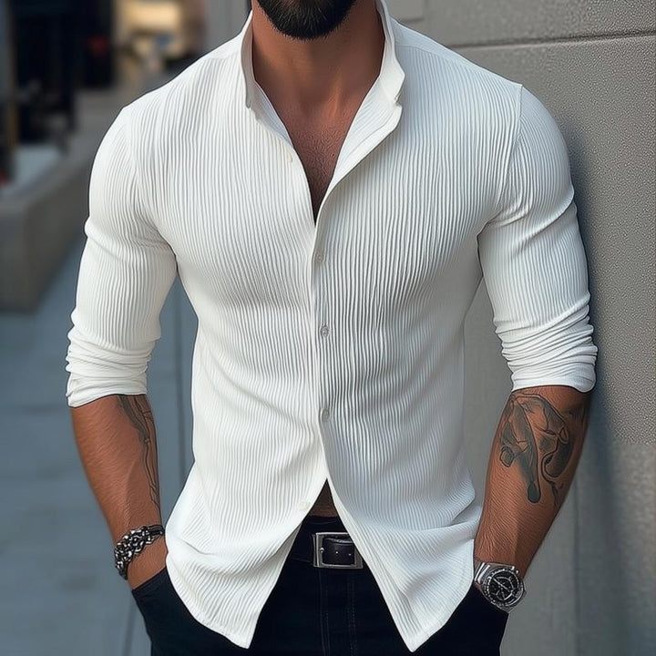 Smart casual men's button-up shirt, featuring a unique textured fabric and contemporary stand collar.