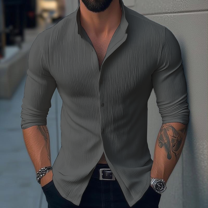 Stylish men's long sleeve shirt with a modern fit, unique texture, and elegant stand collar design.