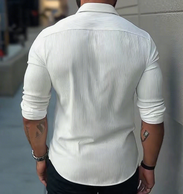 Men's fashion top: a textured, long sleeve shirt with a sophisticated stand collar, ideal for casual.