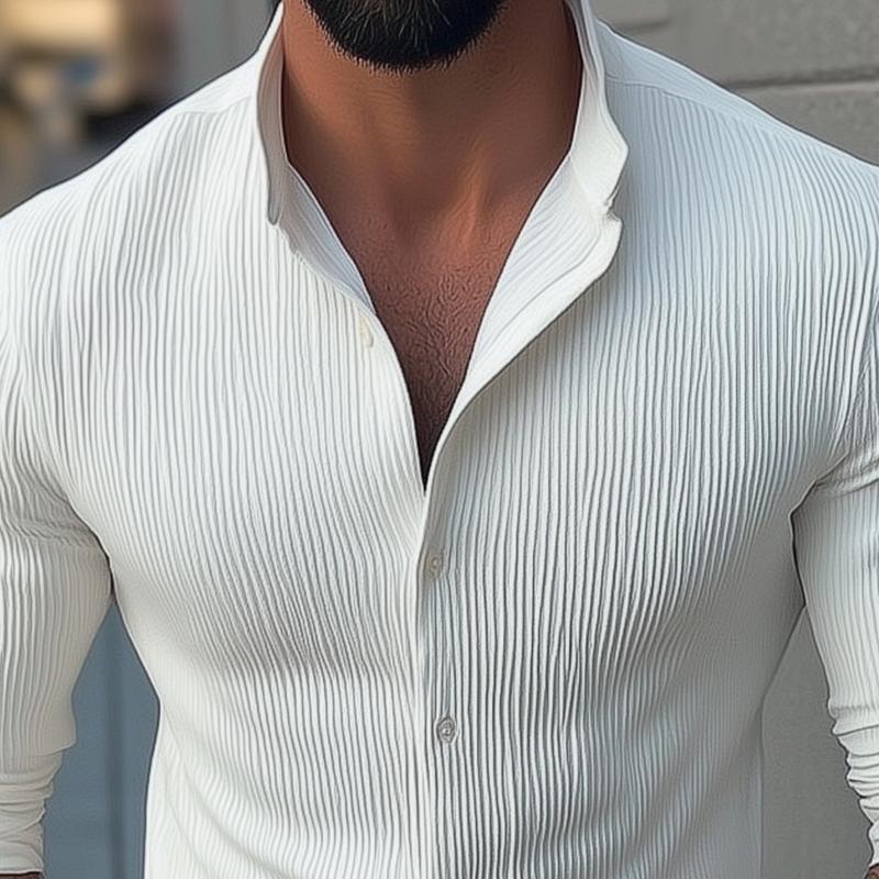 Modern men's clothing top: a button-up, textured long sleeve shirt with a trendy stand collar.
