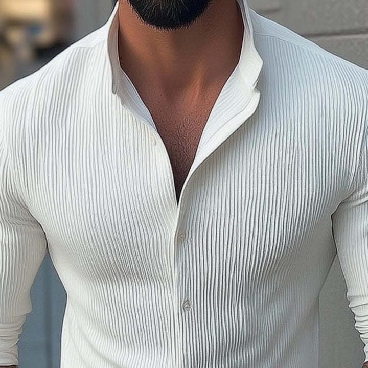 Modern men's clothing top: a button-up, textured long sleeve shirt with a trendy stand collar.