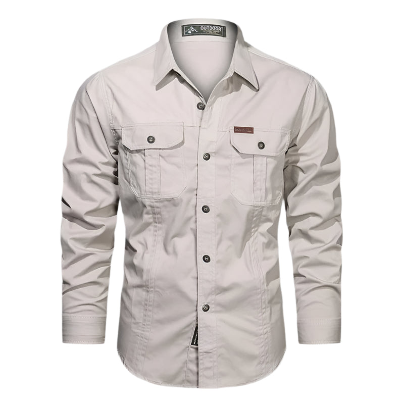 Men's long-sleeve utility shirt with multiple cargo pockets for casual everyday wear.