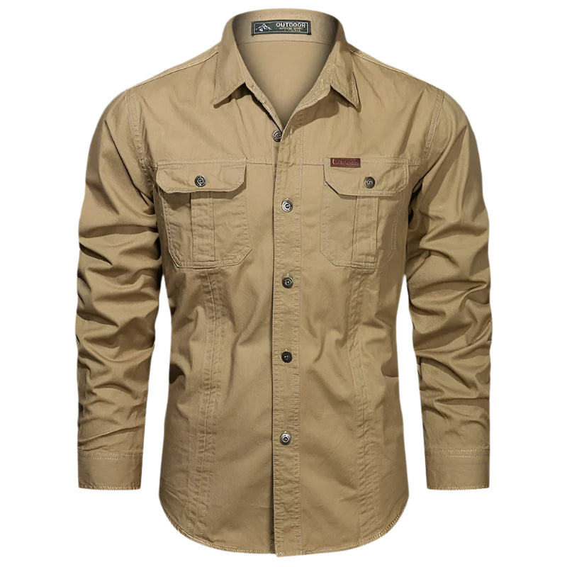 Modern men's long sleeve utility shirt, versatile for casual, outdoor, or everyday wear.