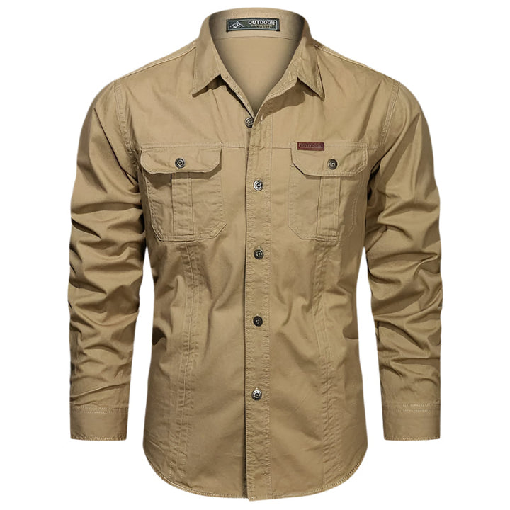 Modern men's long sleeve utility shirt, versatile for casual, outdoor, or everyday wear.