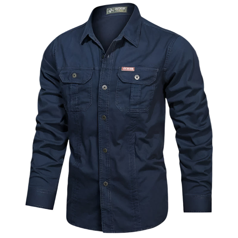 Durable men's cargo shirt, long-sleeved, featuring stylish utility pockets for practical use.
