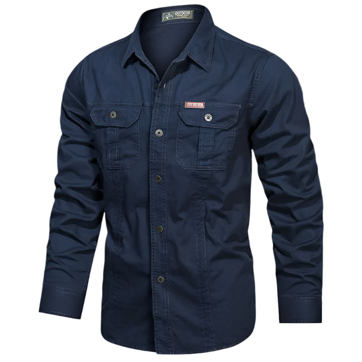 Durable men's cargo shirt, long-sleeved, featuring stylish utility pockets for practical use.