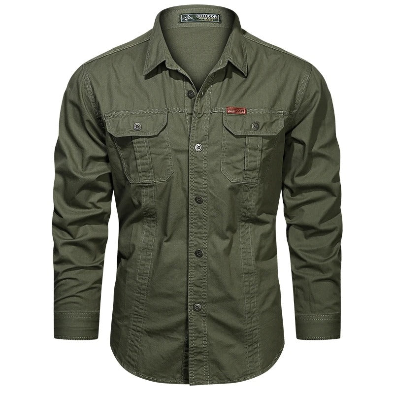 Men's cargo utility shirt with functional pockets, long sleeves, great for everyday versatility.