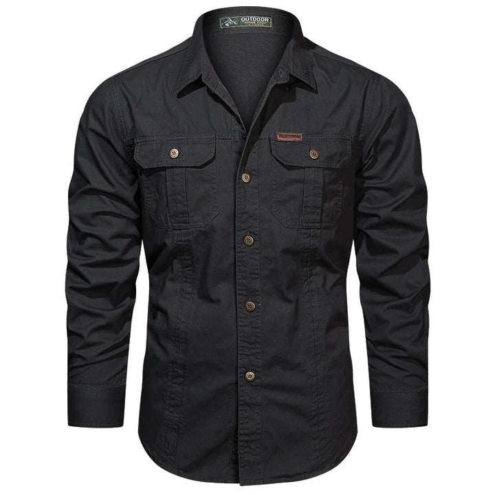 Stylish men's shirt with utility pockets, long sleeve, designed for comfort & outdoor adventures.