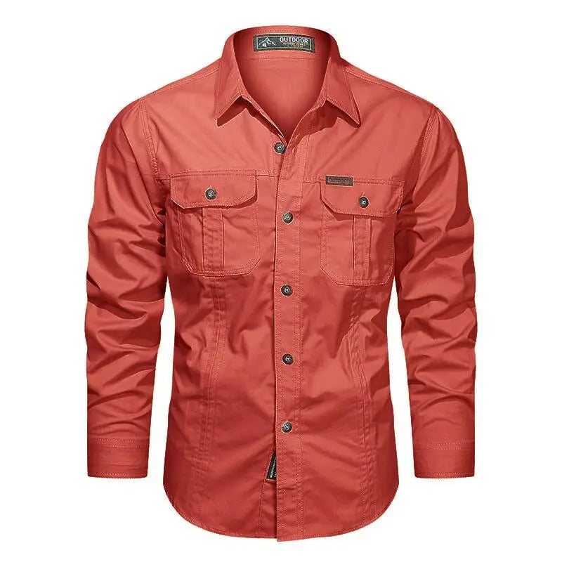 Men's casual long-sleeve shirt, robust utility design with multiple accessible cargo pockets.