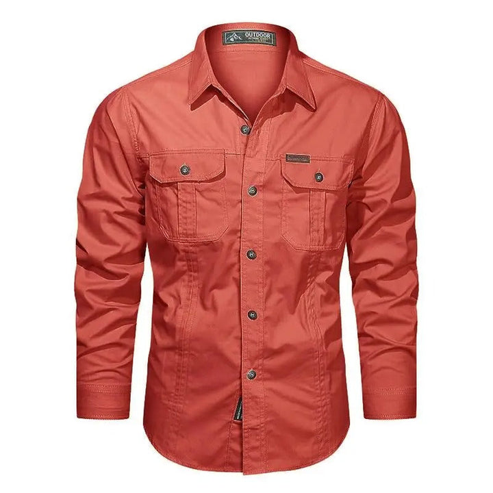 Men's casual long-sleeve shirt, robust utility design with multiple accessible cargo pockets.