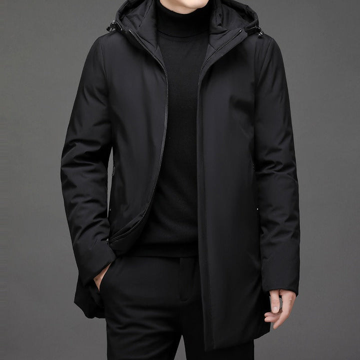 Men's long winter jacket, hooded & warm, perfect for cold weather. Stylish outerwear for casual & outdoor wear.