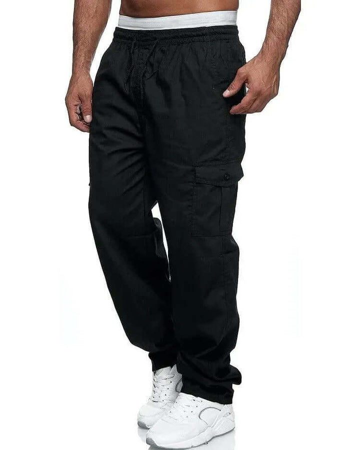Comfortable men's loose fit cargo pants, elastic waist, multiple pockets for daily essentials & outdoor use.