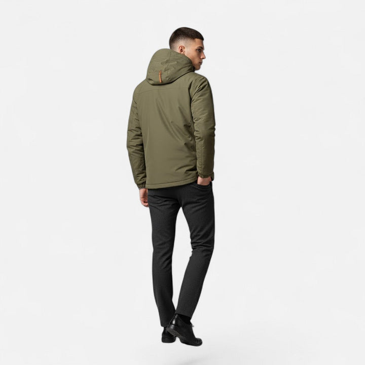 Showcasing the texture and fit of the men's loose-fit hooded casual jacket.