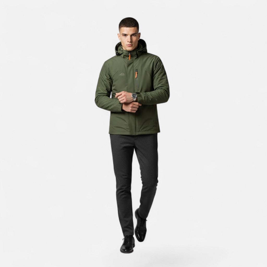 Close-up of the front zipper on a men's lightweight hooded casual jacket.