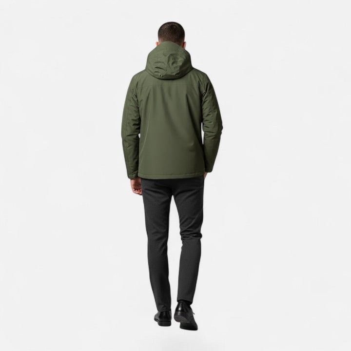 Model wearing a men's loose-fit hooded jacket, showcasing its casual style.