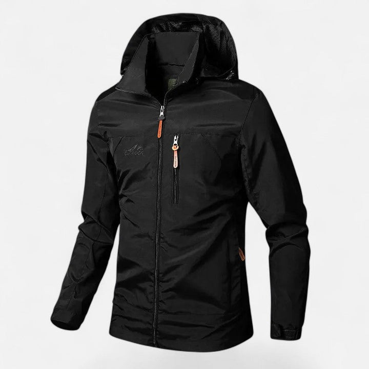Back view of a men's transitional weather hooded casual jacket.