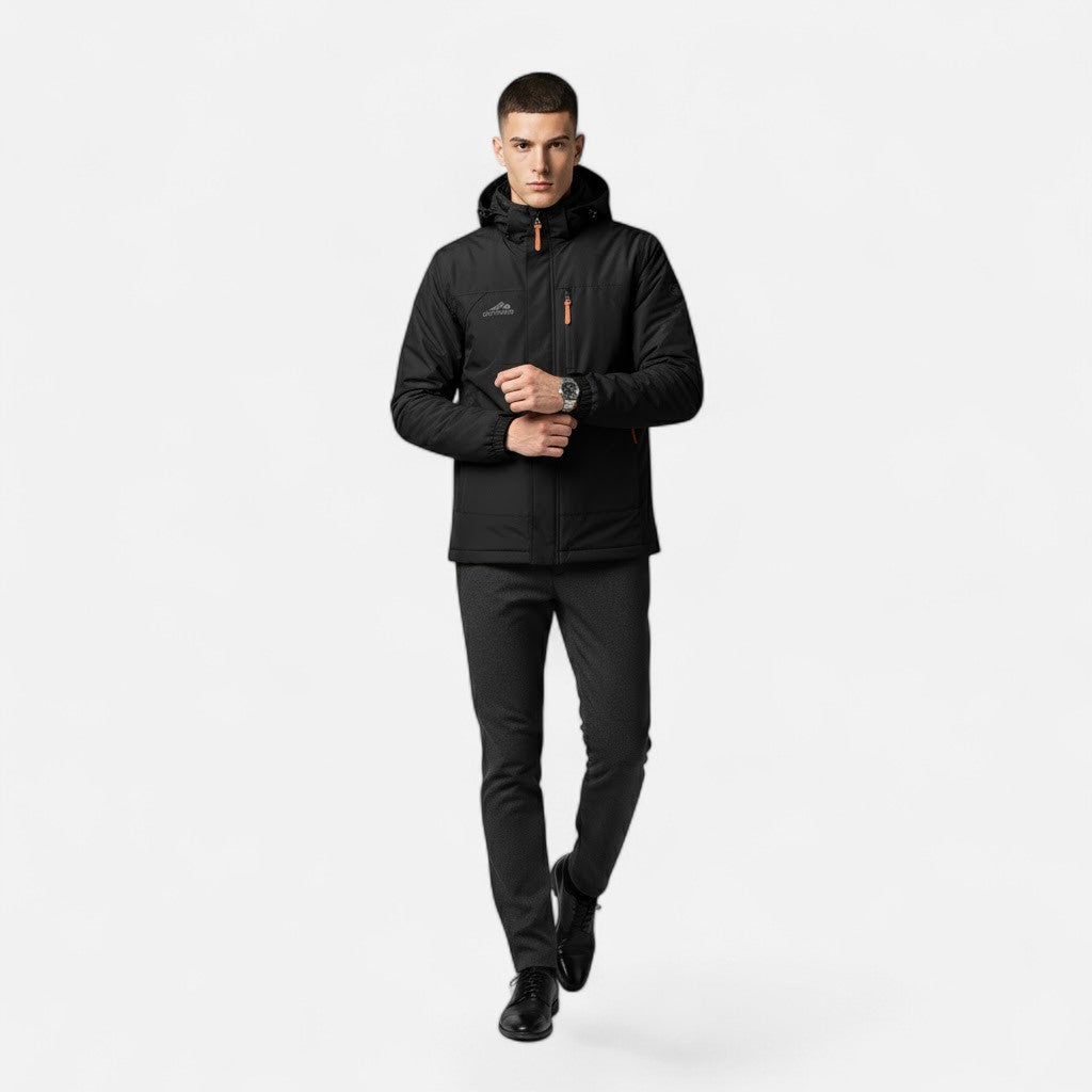 Detail of the hood on a men's fashionable loose-fit casual jacket.