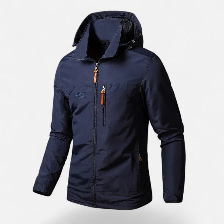 Lifestyle shot of a man in a men's hooded casual jacket, perfect for errands.