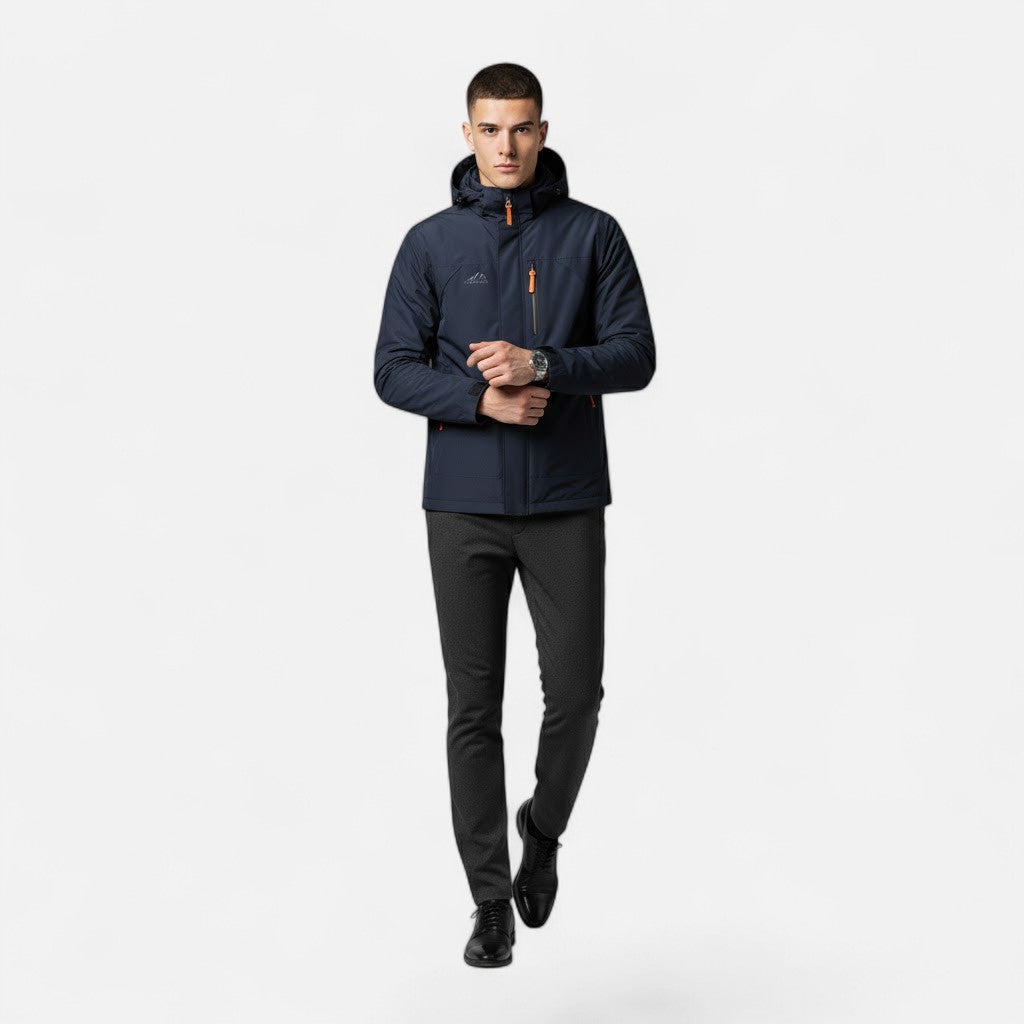 Side profile of a men's loose-fit jacket with a functional hood for warmth.