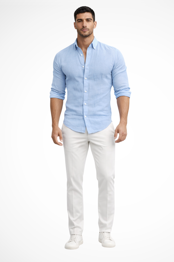 Shop men's casual wear: a loose fit long sleeve button-down shirt.