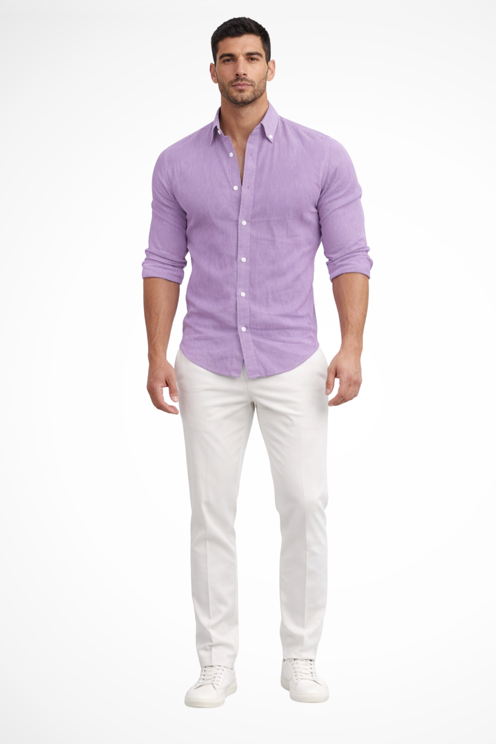 Men's loose fit shirt with long sleeves and a classic lapel collar design.