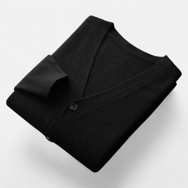Men's loose V-neck cardigan in a classic knit for effortless layering and casual style.