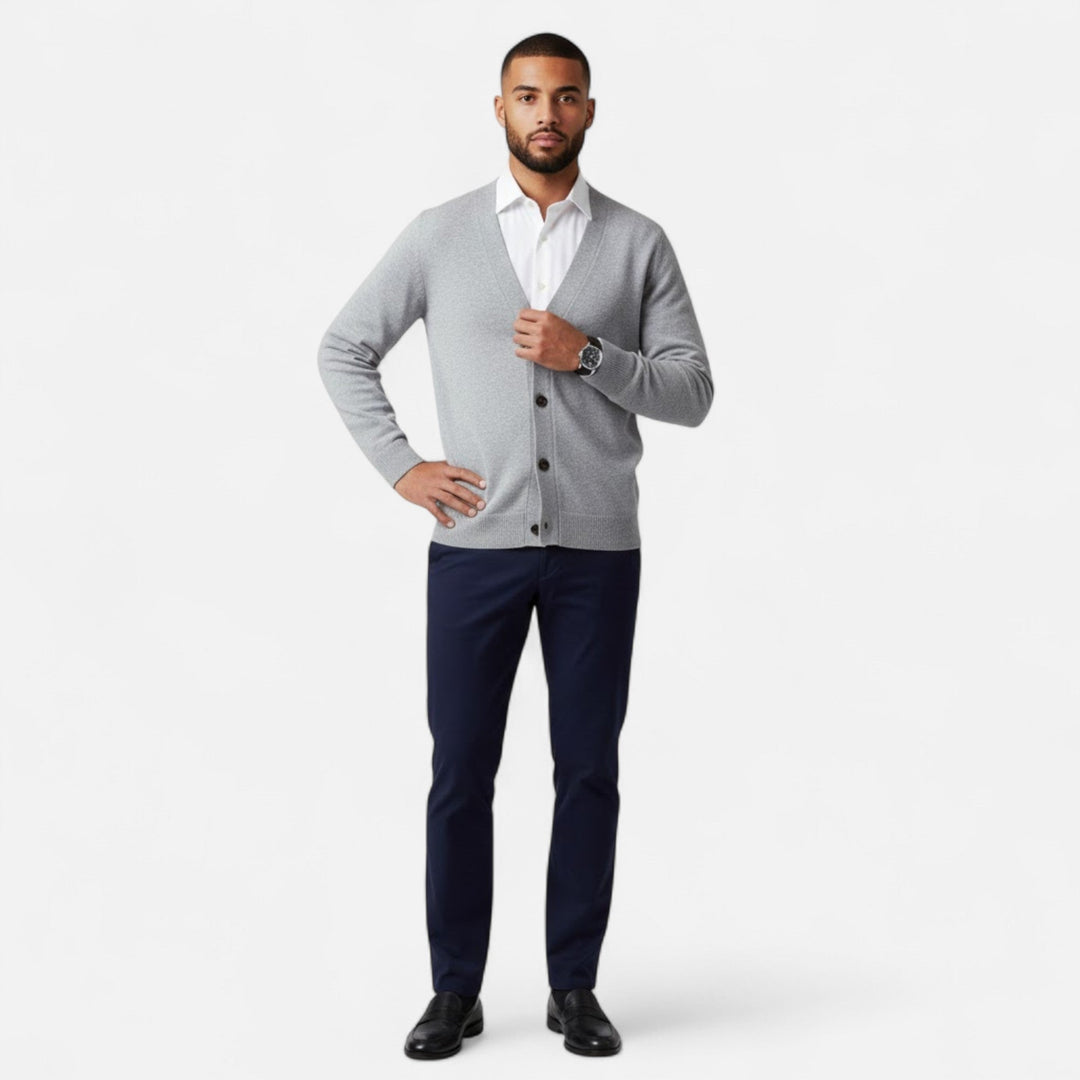 Men's long sleeve V-neck cardigan, loose fit knitwear for comfortable layering & classic winter style.