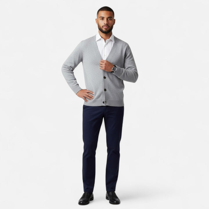 Men's long sleeve V-neck cardigan, loose fit knitwear for comfortable layering & classic winter style.