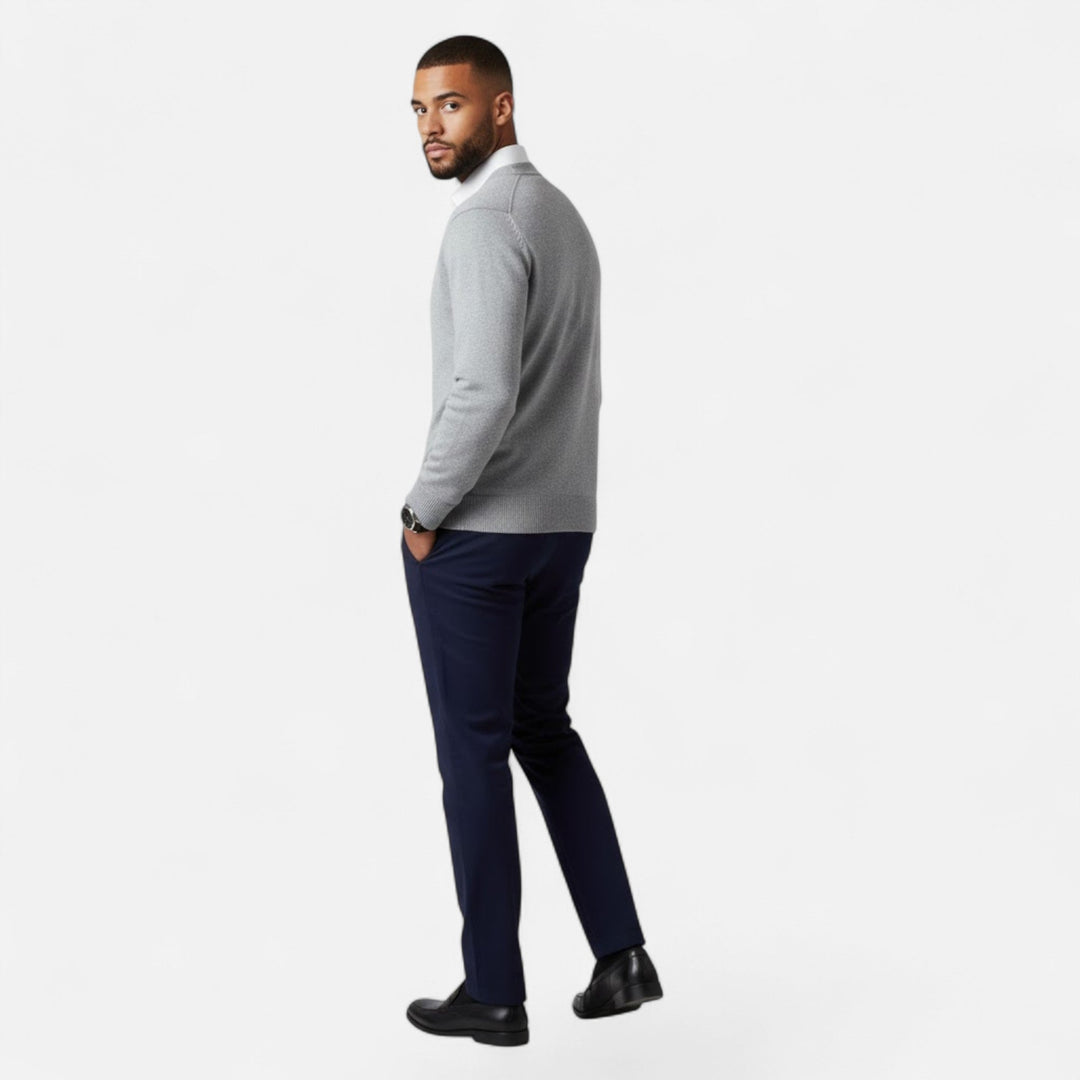 Front view of men's loose V-neck cardigan, perfect for versatile layering and autumn winter fashion.