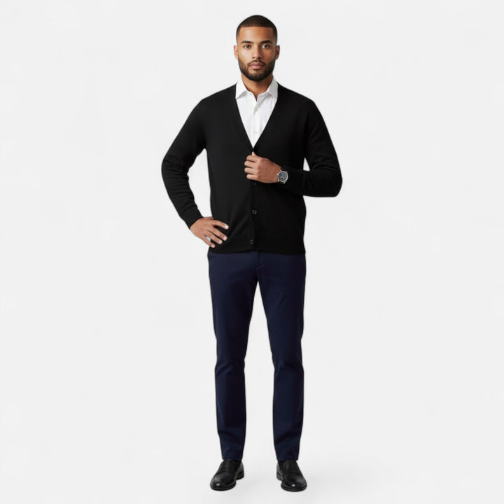 Comfortable men's V-neck cardigan, loose fit knitwear for versatile casual and smart casual styling.